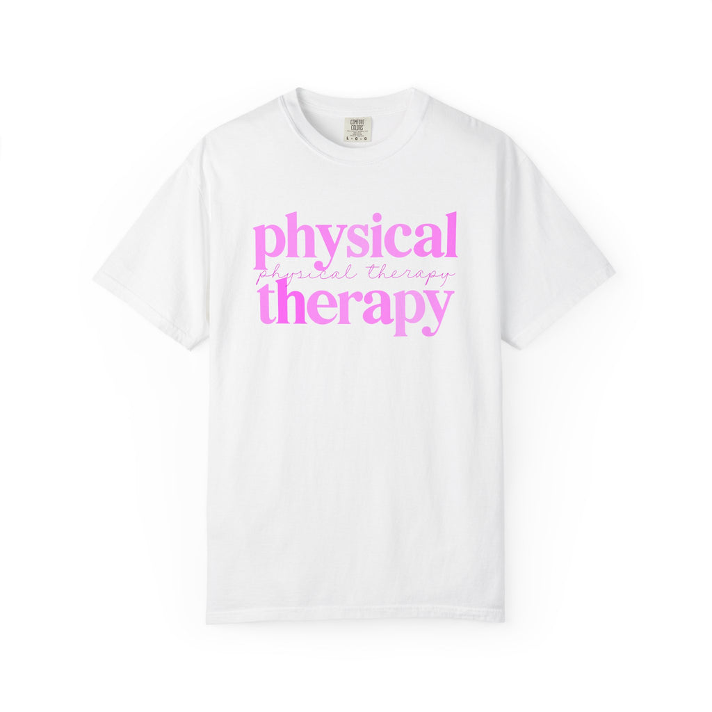 Physical Therapy T-Shirt — Pink Text Rehab Tee for Physical Therapists & Students