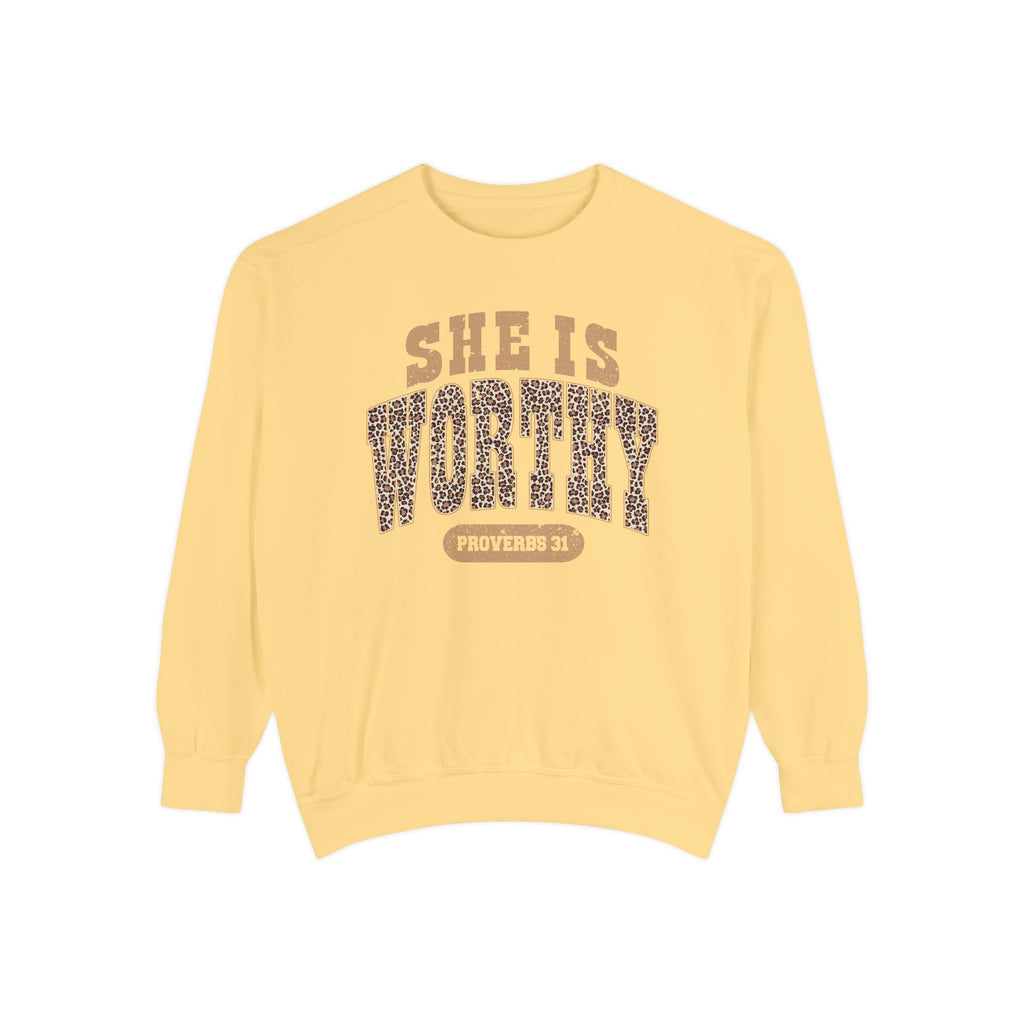 She Is Worthy Sweatshirt — Leopard Print Proverbs 31 Inspirational Pullover