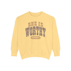 She Is Worthy Sweatshirt — Leopard Print Proverbs 31 Inspirational Pullover