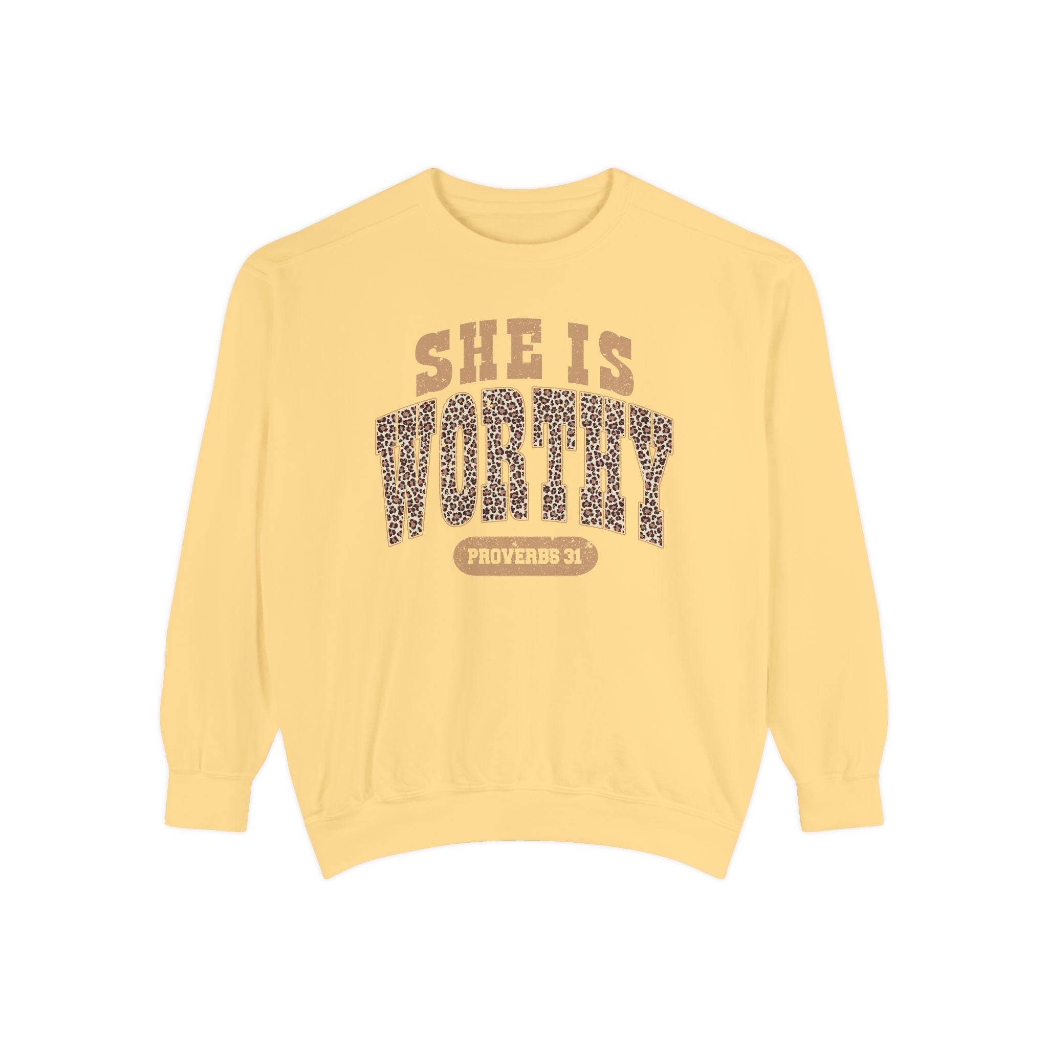 She Is Worthy Sweatshirt — Leopard Print Proverbs 31 Inspirational Pullover