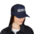Red, White & Brunette Trucker Hat — Patriotic Foam Mesh Cap for Women