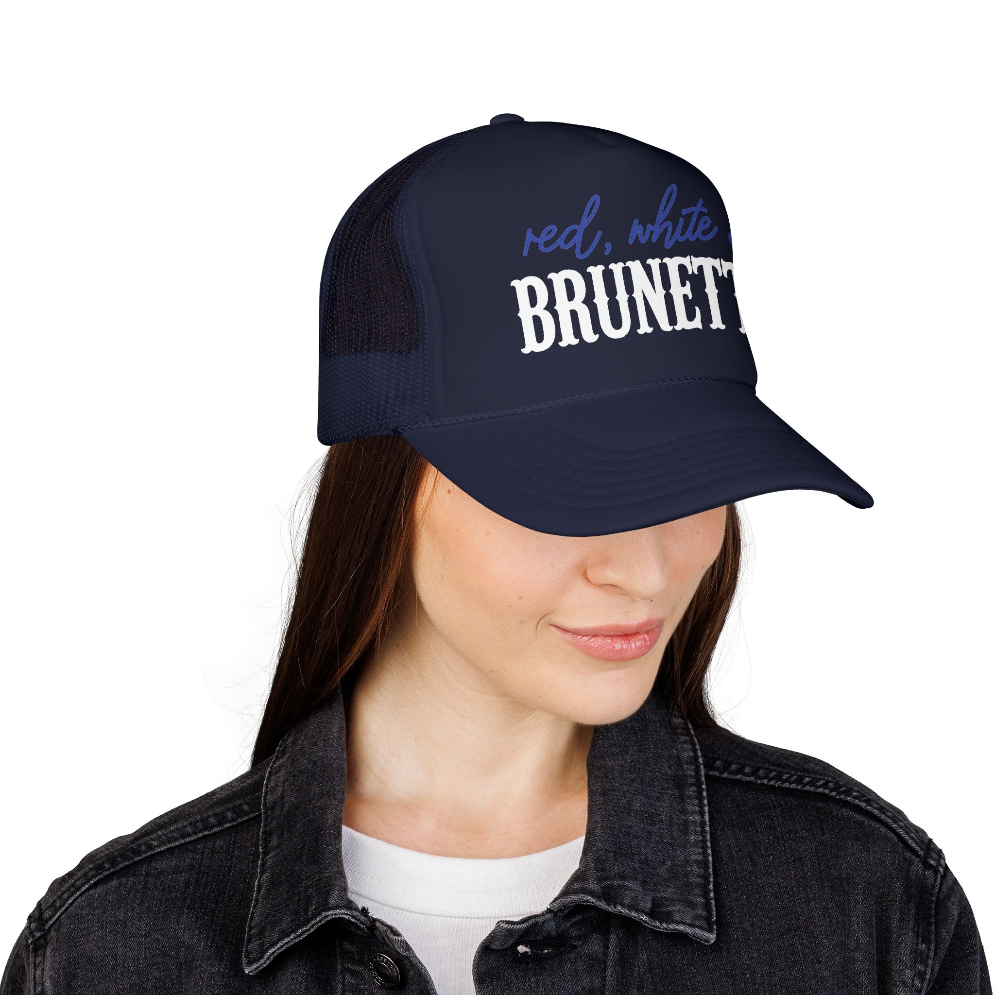 Red, White & Brunette Trucker Hat — Patriotic Foam Mesh Cap for Women