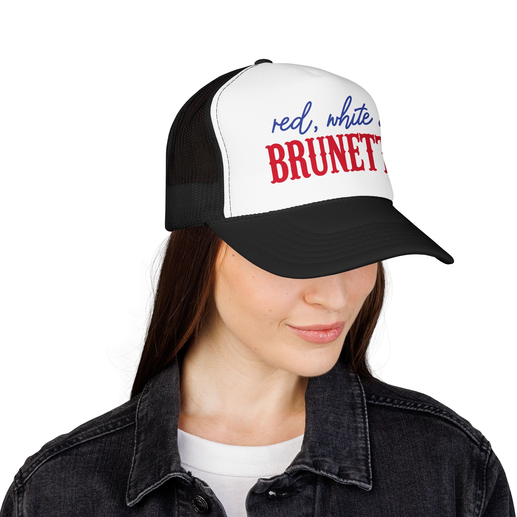 Red, White & Brunette Trucker Hat — Patriotic Foam Mesh Cap for Women