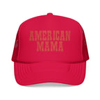American Mama Trucker Hat - Vintage Red Distressed Foam Mesh Cap for Patriotic Moms