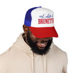 Red, White & Brunette Trucker Hat — Patriotic Foam Mesh Cap for Women