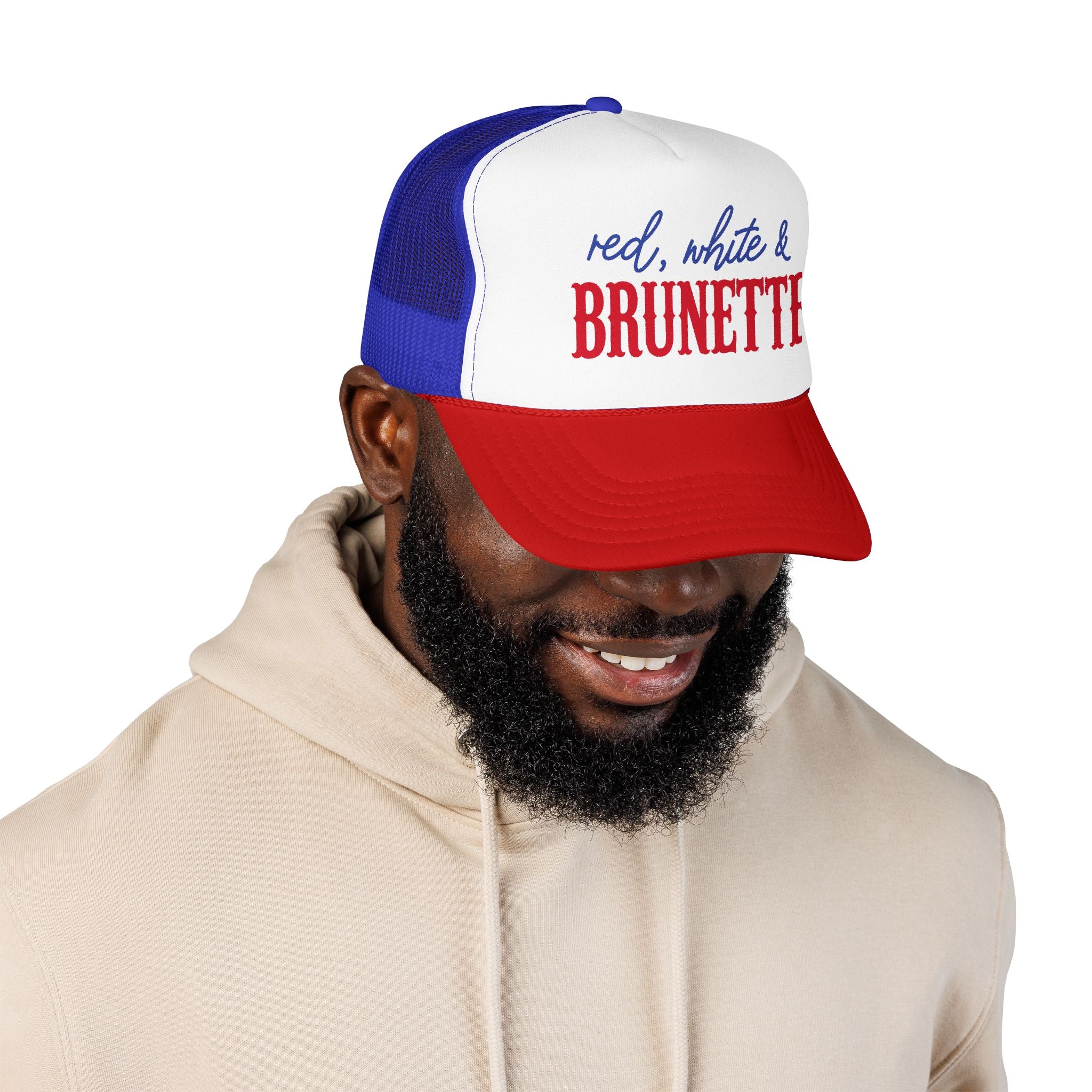 Red, White & Brunette Trucker Hat — Patriotic Foam Mesh Cap for Women