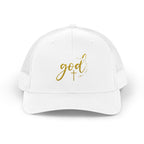 God Script Trucker Cap — Gold Sparkle Faith Snapback