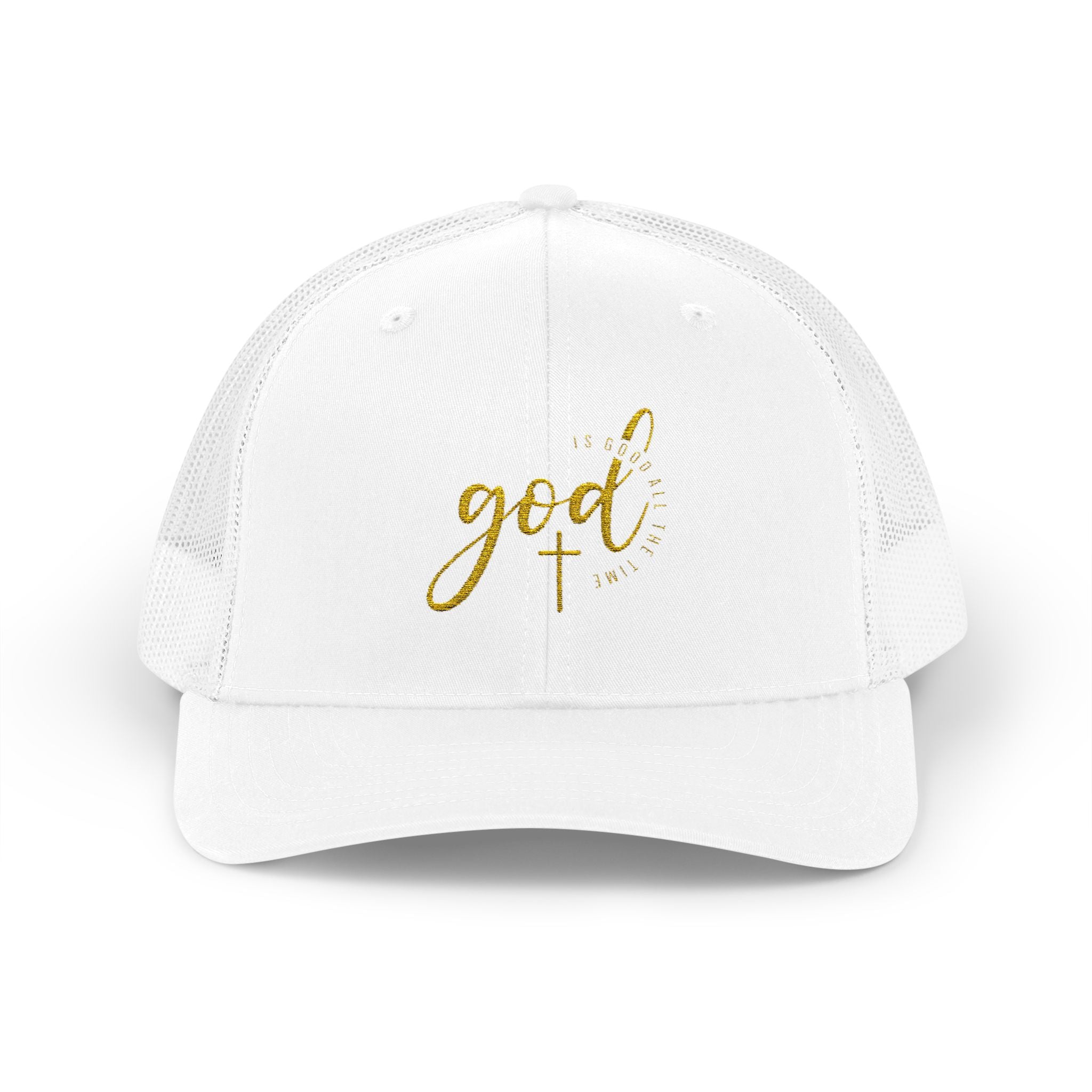 God Script Trucker Cap — Gold Sparkle Faith Snapback