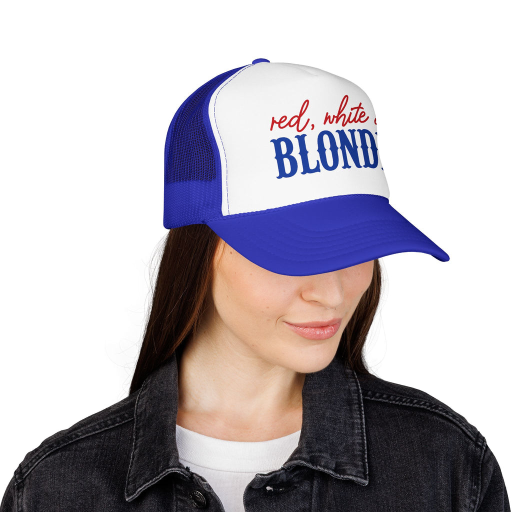 Red, White & Blonde Trucker Hat — Patriotic Blonde Foam Trucker Hat