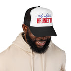 Red, White & Brunette Trucker Hat — Patriotic Foam Mesh Cap for Women