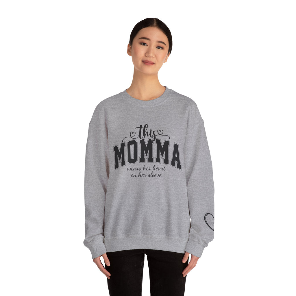 Customized Momma, Gigi, Grammy, Grandma, Mama, Mom, or Nana  Crewneck Sweatshirt – “This ….. Wears Her Heart on Her Sleeve” Cozy Pullover