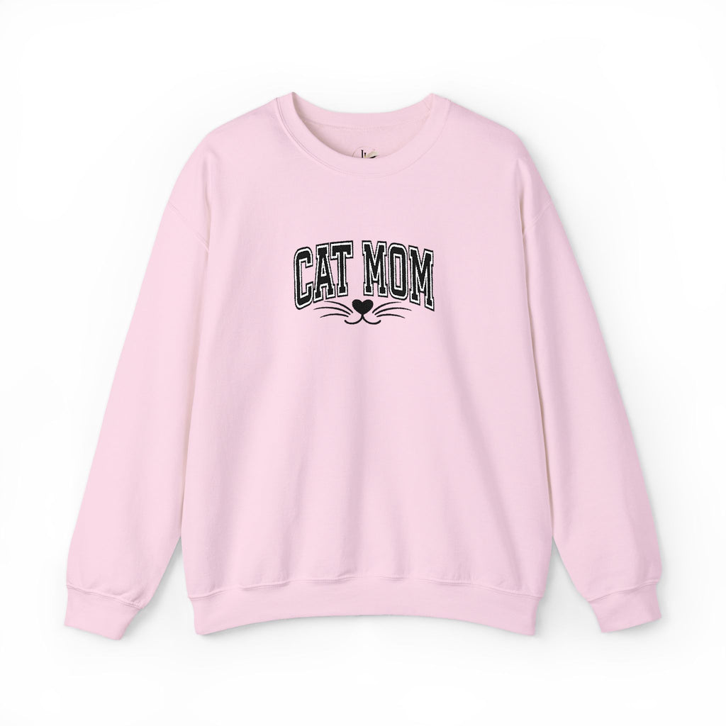 Cat Mom Crewneck Sweatshirt — Vintage Script Cat Face Graphic