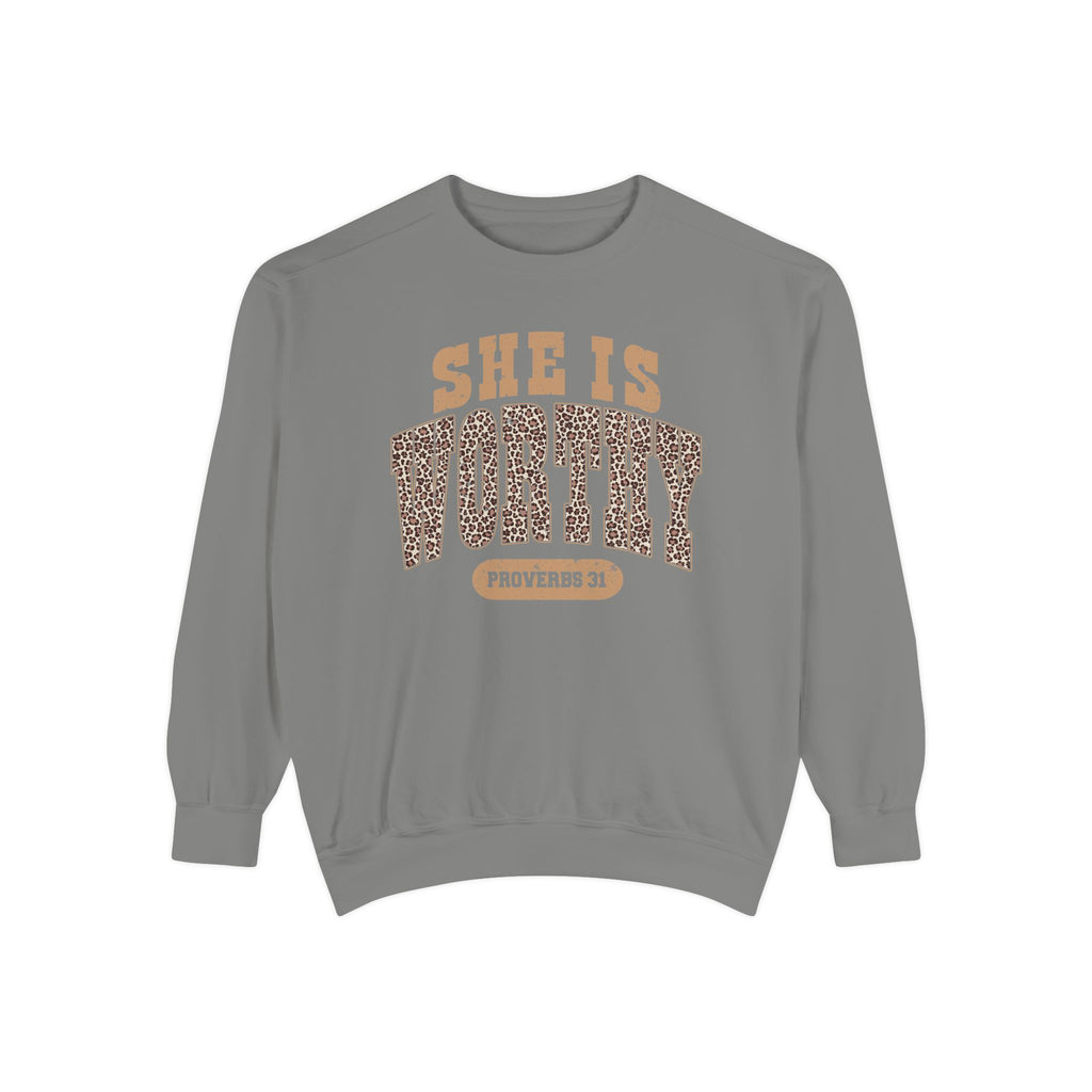She Is Worthy Sweatshirt — Leopard Print Proverbs 31 Inspirational Pullover