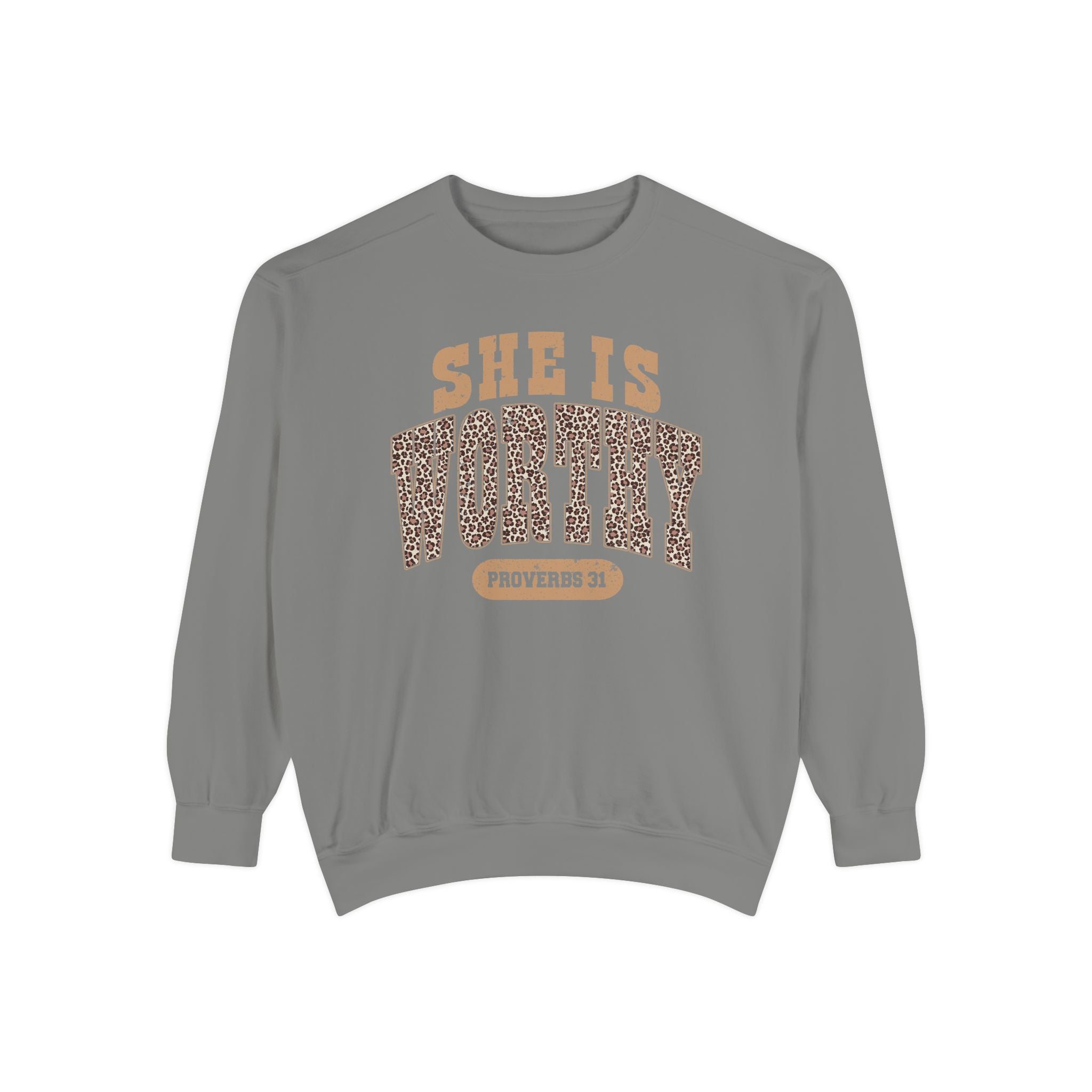 She Is Worthy Sweatshirt — Leopard Print Proverbs 31 Inspirational Pullover