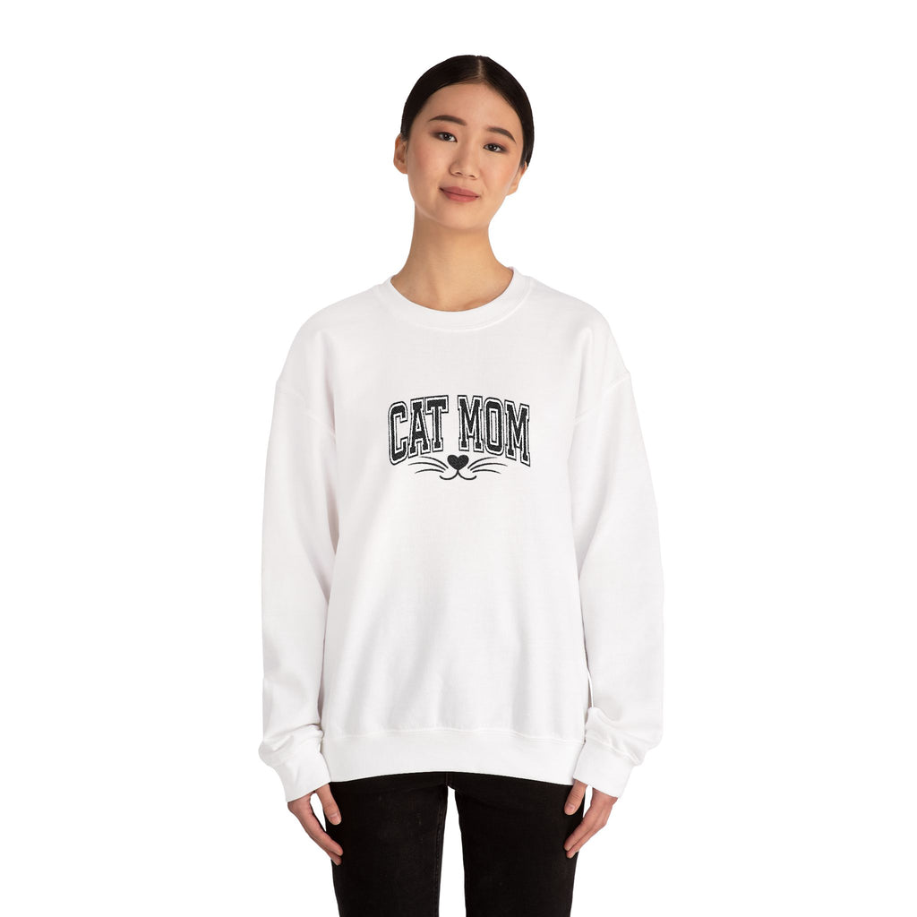 Cat Mom Crewneck Sweatshirt — Vintage Script Cat Face Graphic