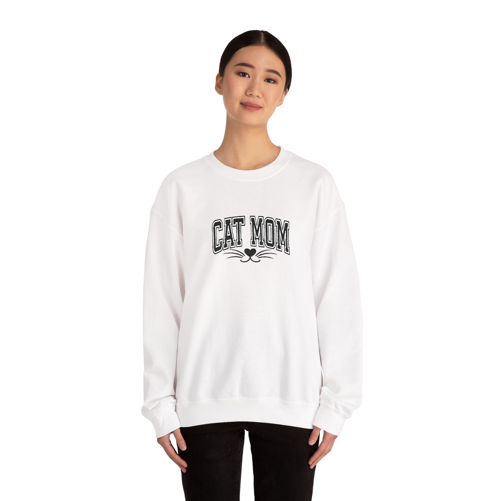 Cat Mom Crewneck Sweatshirt — Vintage Script Cat Face Graphic