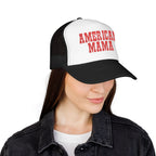 American Mama Trucker Hat - Vintage Red Distressed Foam Mesh Cap for Patriotic Moms
