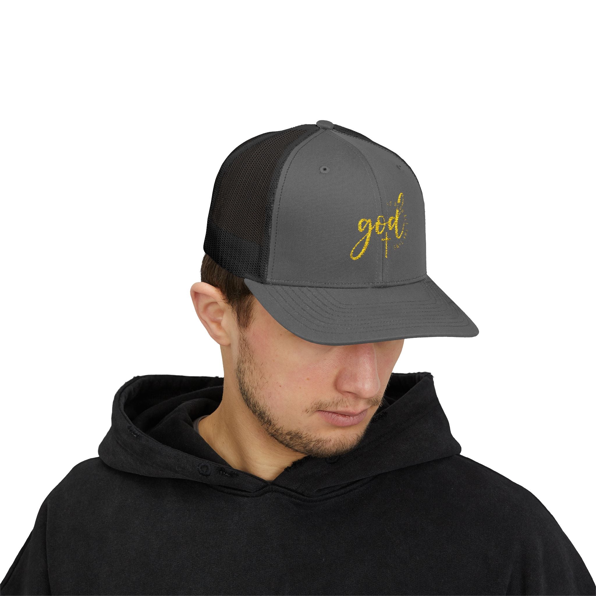 God Script Trucker Cap — Gold Sparkle Faith Snapback
