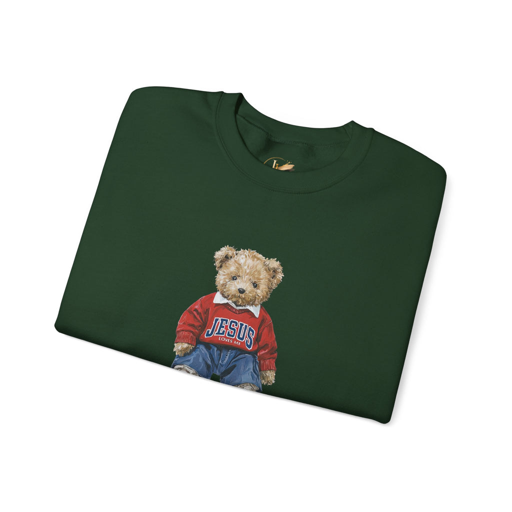 Crewneck Sweatshirt — Teddy Bear Wearing 'Jesus' Sweater Christian Graphic