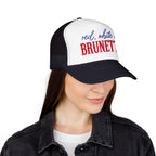Red, White & Brunette Trucker Hat — Patriotic Foam Mesh Cap for Women