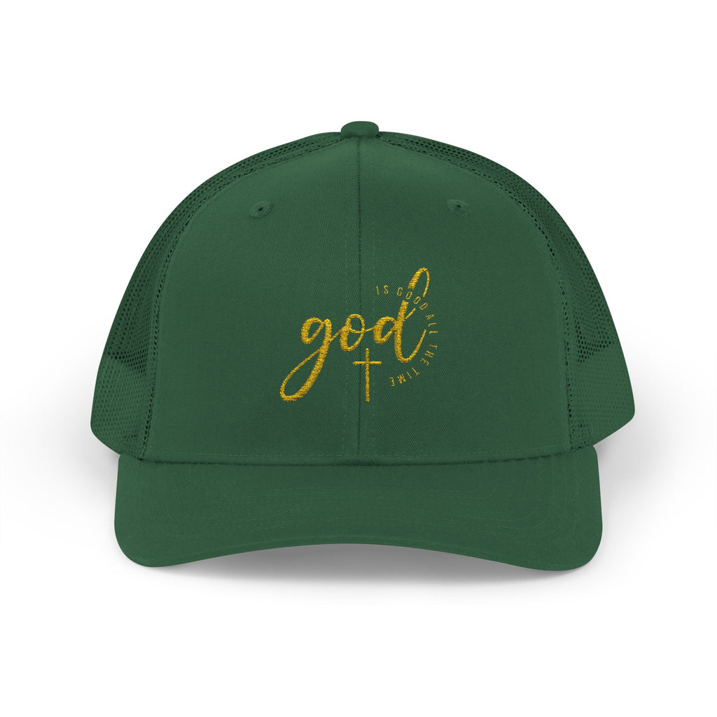 God Script Trucker Cap — Gold Sparkle Faith Snapback