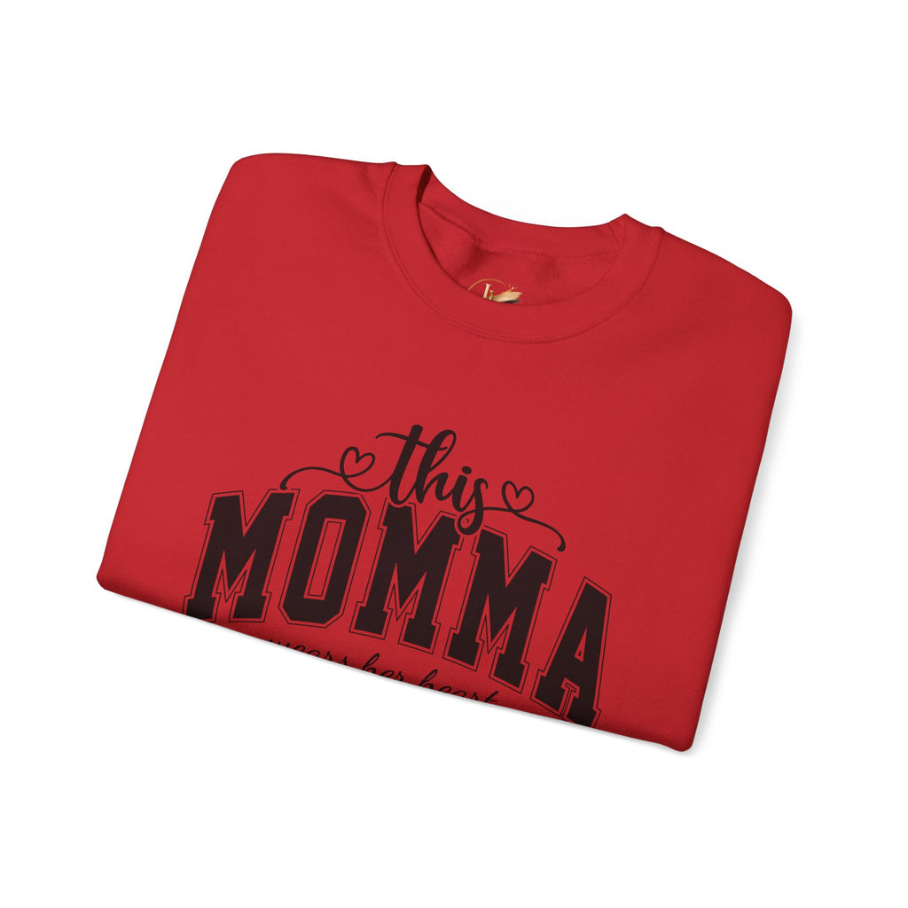 Customized Momma, Gigi, Grammy, Grandma, Mama, Mom, or Nana  Crewneck Sweatshirt – “This ….. Wears Her Heart on Her Sleeve” Cozy Pullover