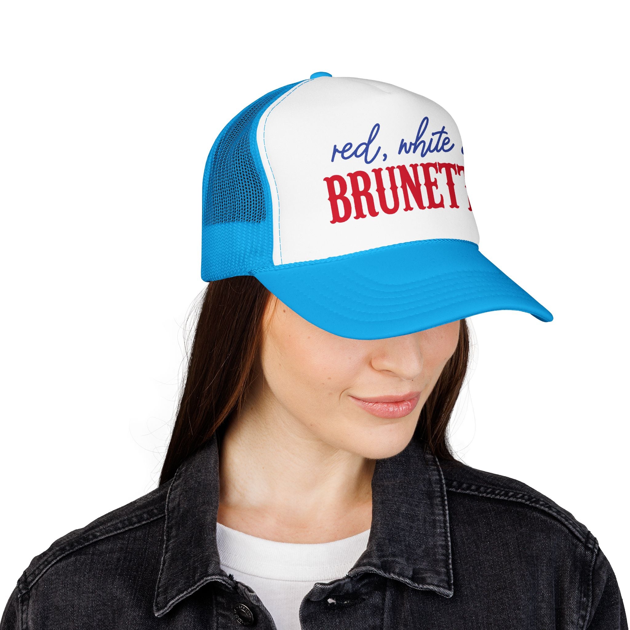 Red, White & Brunette Trucker Hat — Patriotic Foam Mesh Cap for Women