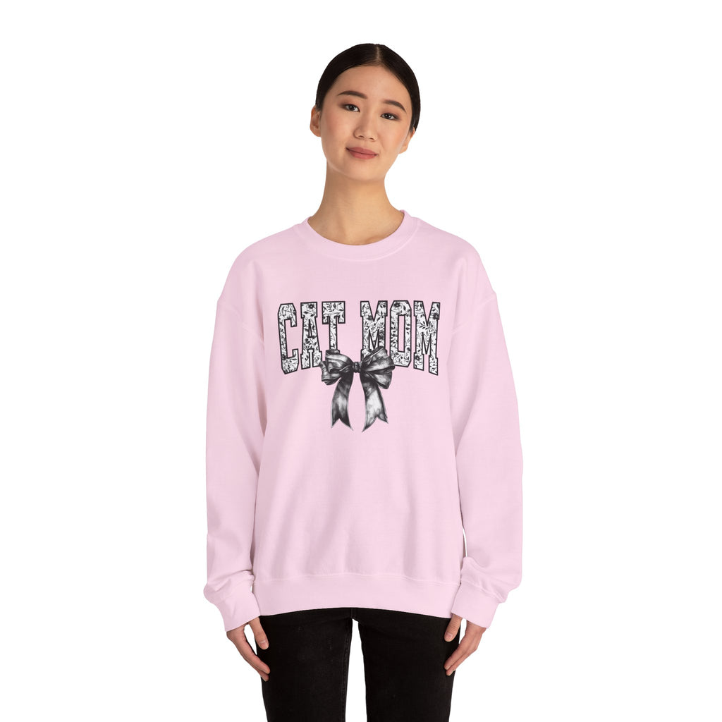 Cat Mom Crewneck Sweatshirt — Floral Lettering with Bow