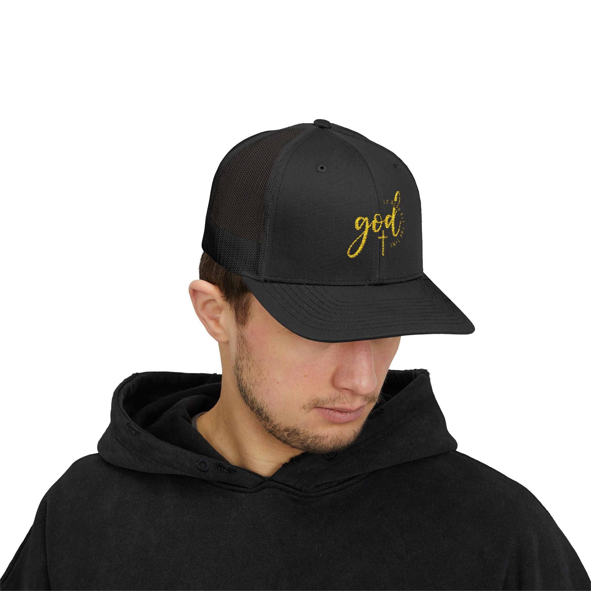 God Script Trucker Cap — Gold Sparkle Faith Snapback