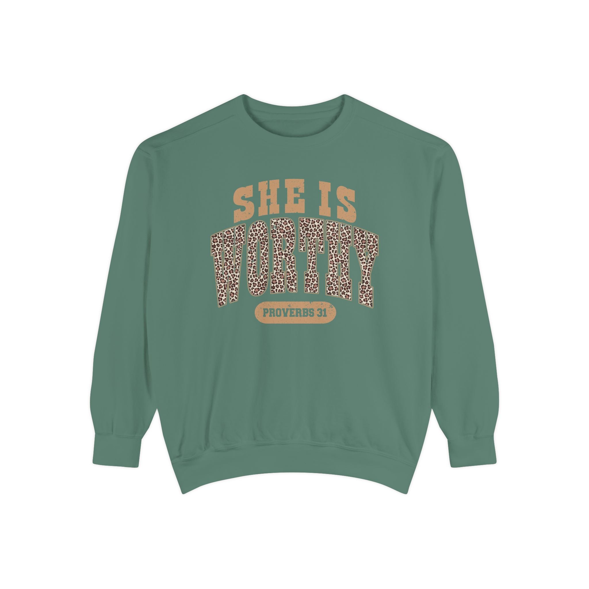 She Is Worthy Sweatshirt — Leopard Print Proverbs 31 Inspirational Pullover