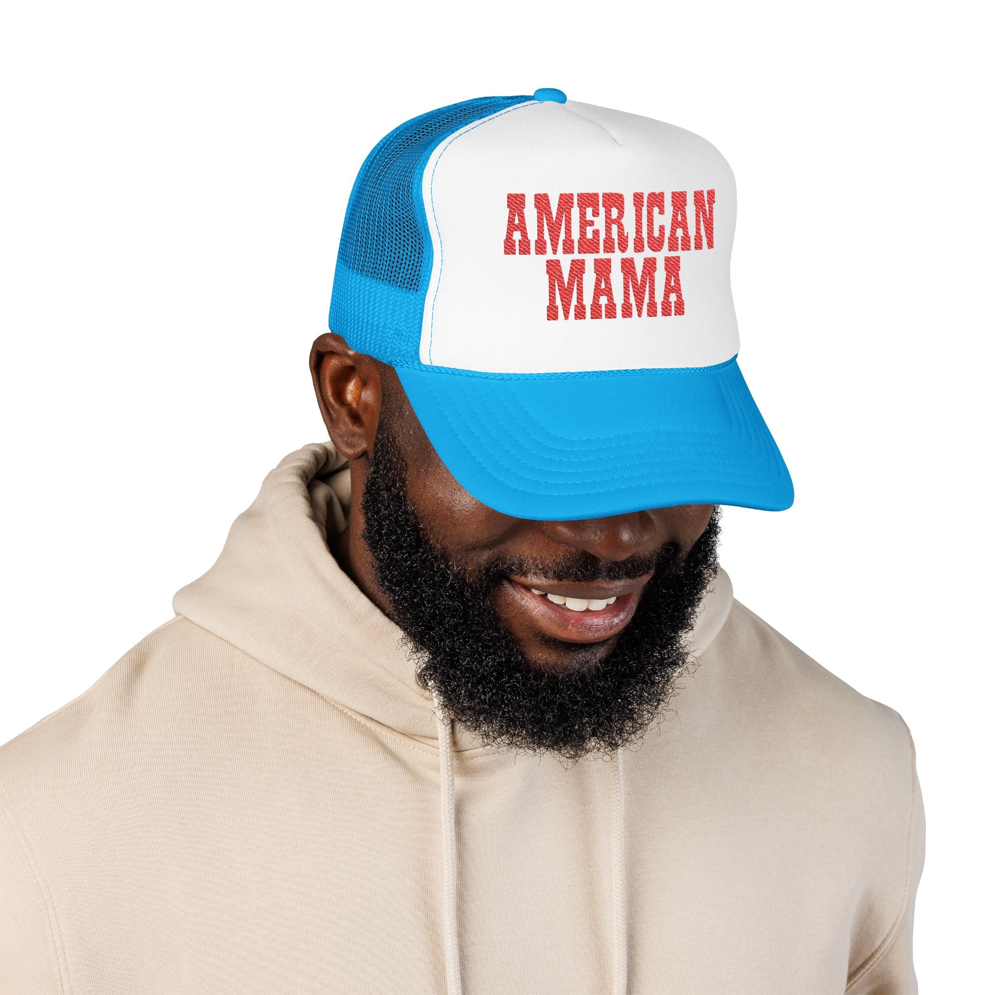 American Mama Trucker Hat - Vintage Red Distressed Foam Mesh Cap for Patriotic Moms