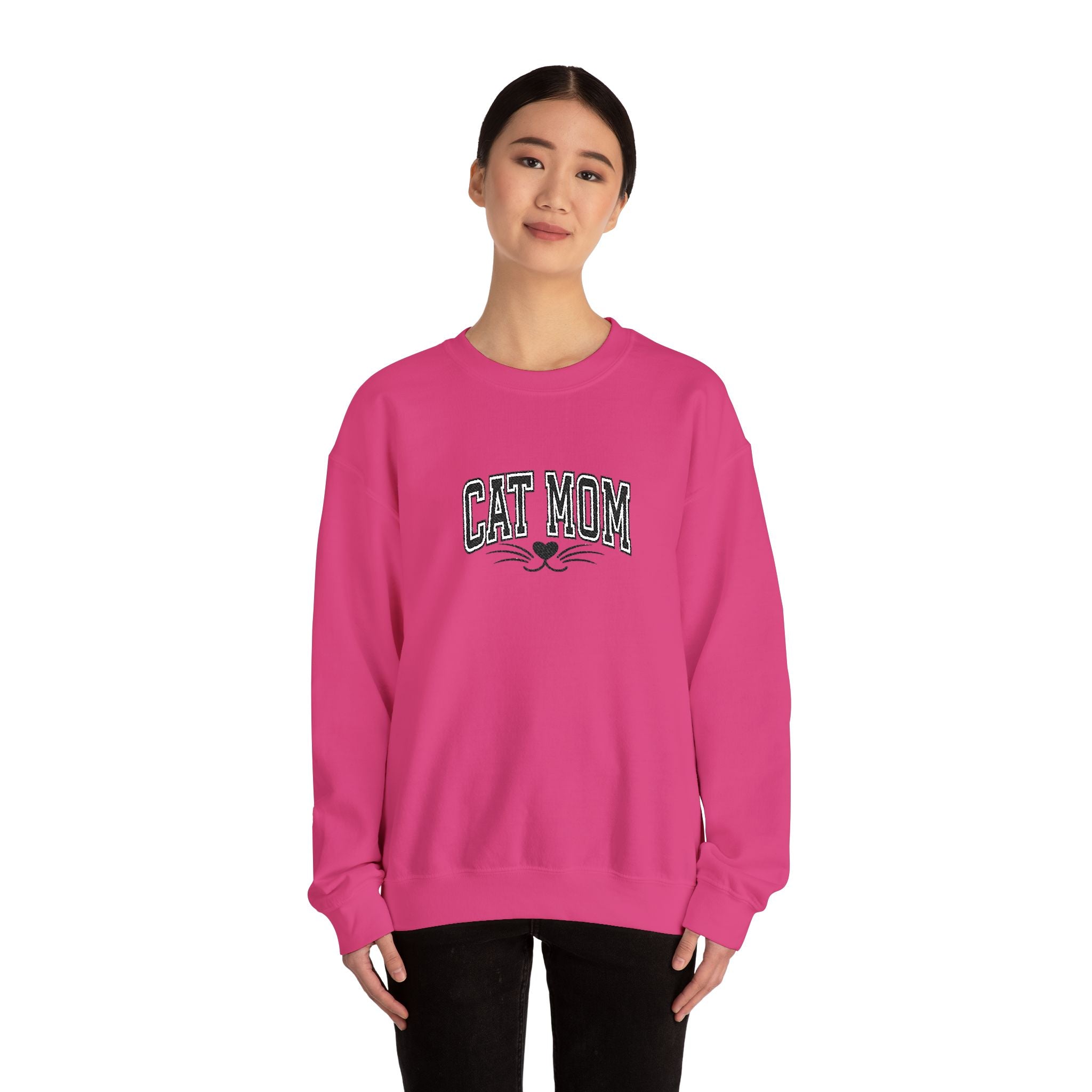Cat Mom Crewneck Sweatshirt — Vintage Script Cat Face Graphic