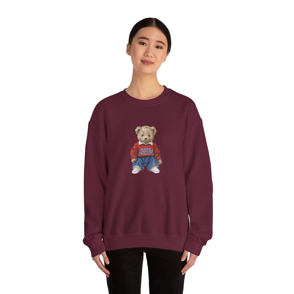 Crewneck Sweatshirt — Teddy Bear Wearing 'Jesus' Sweater Christian Graphic