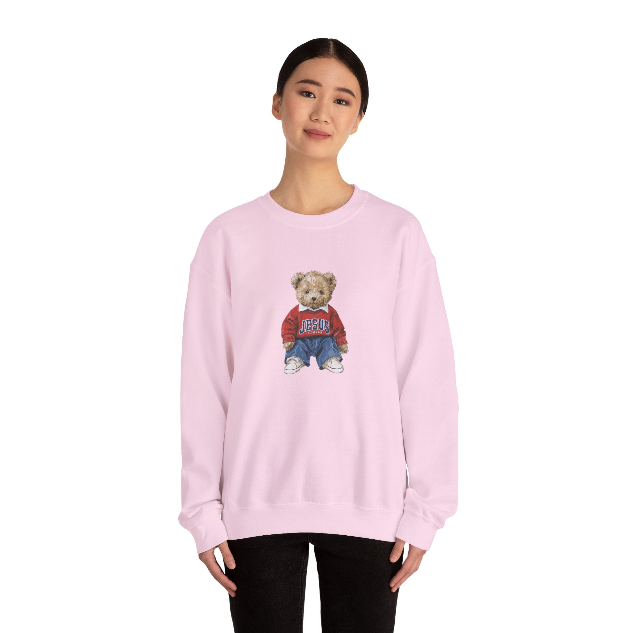 Crewneck Sweatshirt — Teddy Bear Wearing 'Jesus' Sweater Christian Graphic