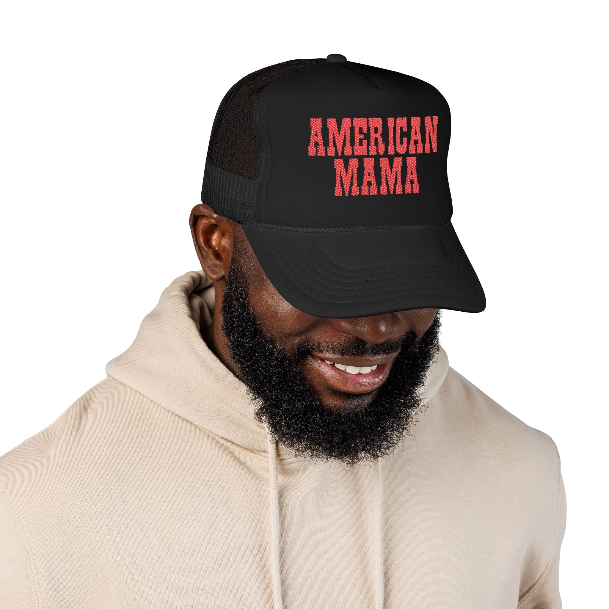 American Mama Trucker Hat - Vintage Red Distressed Foam Mesh Cap for Patriotic Moms