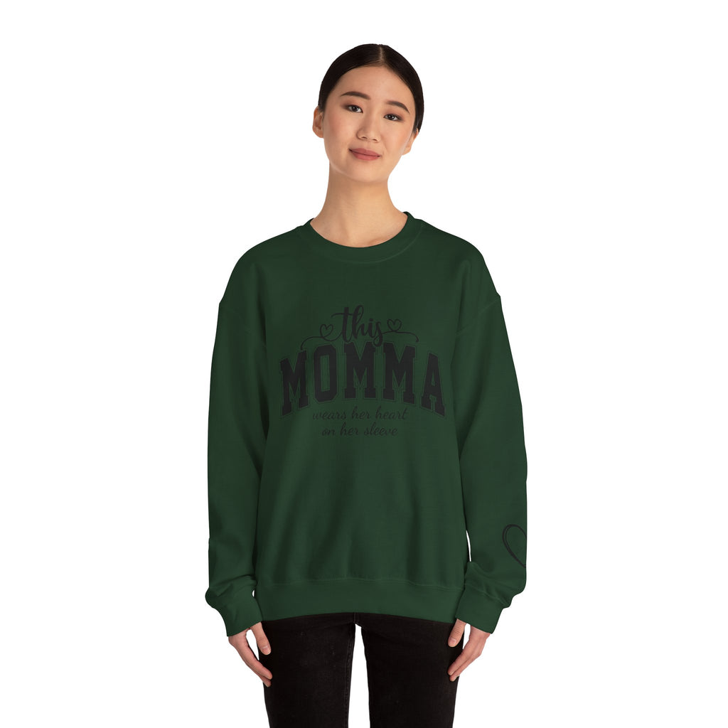 Customized Momma, Gigi, Grammy, Grandma, Mama, Mom, or Nana  Crewneck Sweatshirt – “This ….. Wears Her Heart on Her Sleeve” Cozy Pullover