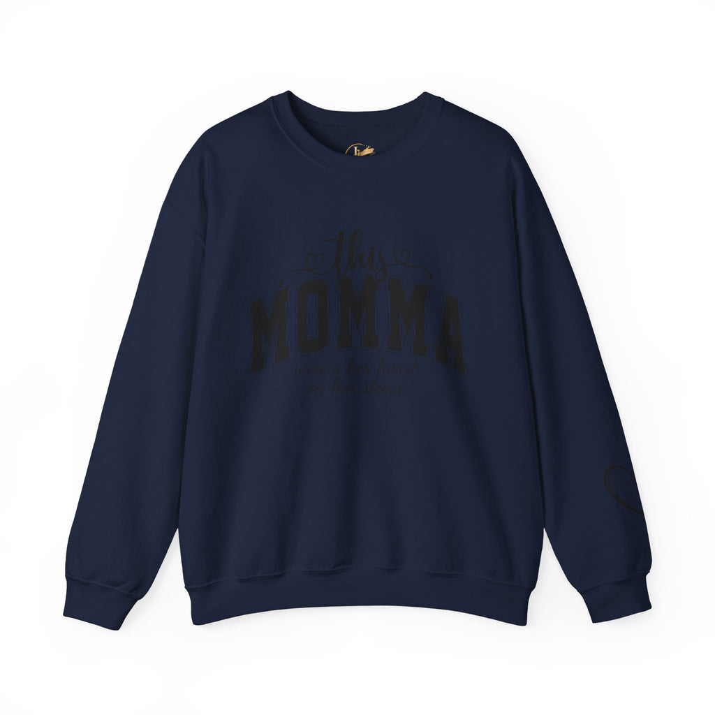 Customized Momma, Gigi, Grammy, Grandma, Mama, Mom, or Nana  Crewneck Sweatshirt – “This ….. Wears Her Heart on Her Sleeve” Cozy Pullover