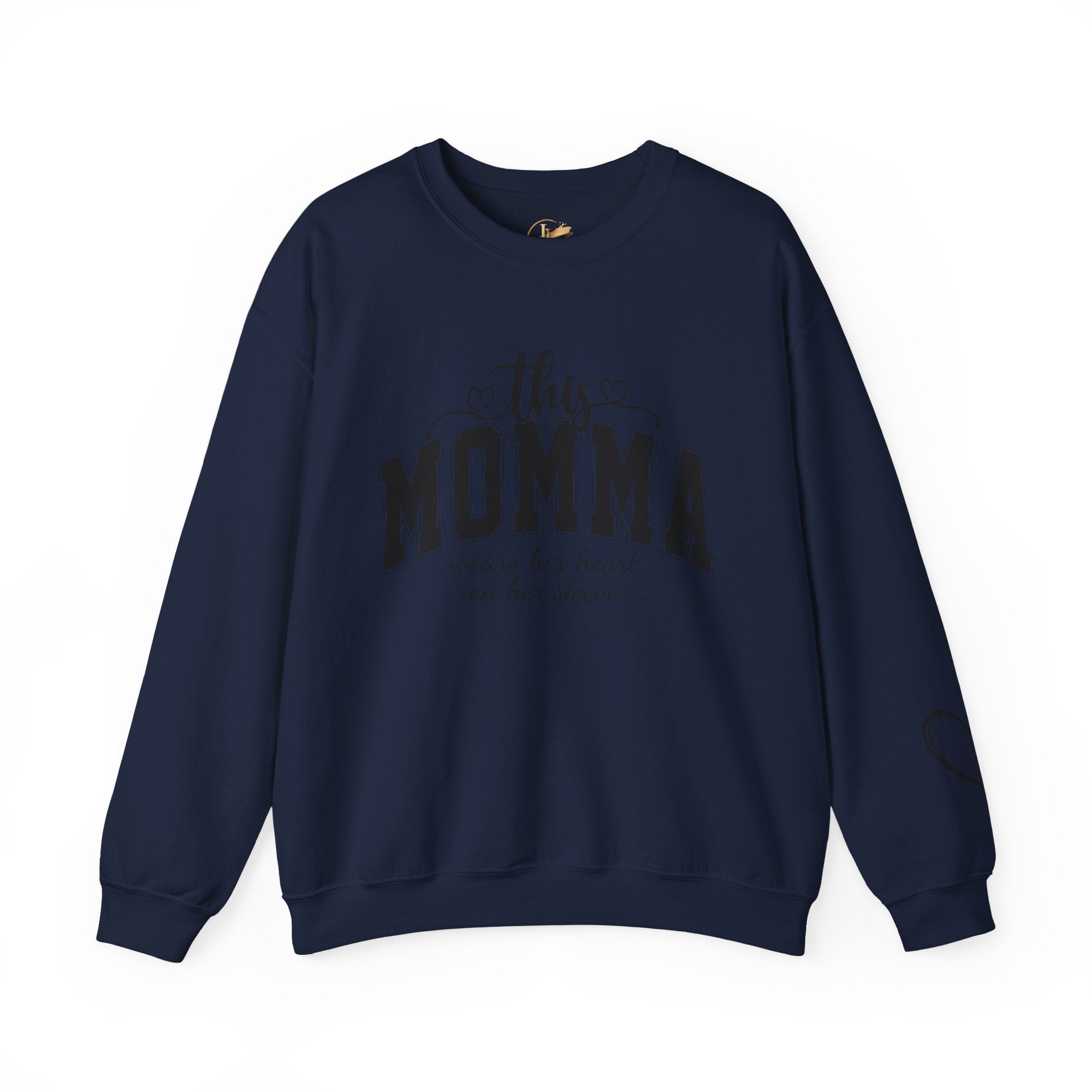 Customized Momma, Gigi, Grammy, Grandma, Mama, Mom, or Nana  Crewneck Sweatshirt – “This ….. Wears Her Heart on Her Sleeve” Cozy Pullover