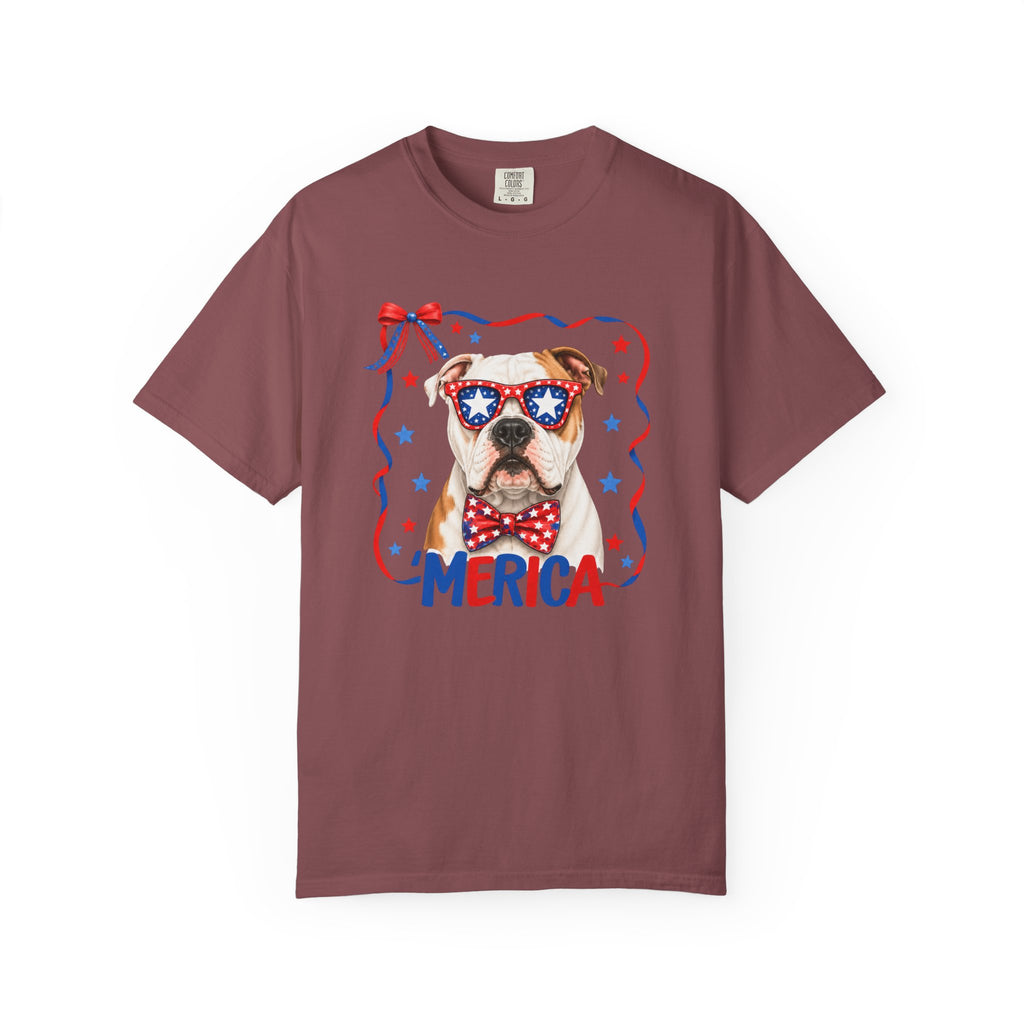 T-Shirt | 'Merica Patriotic Dog Graphic Tee – American Flag Sunglasses & Bow Tie