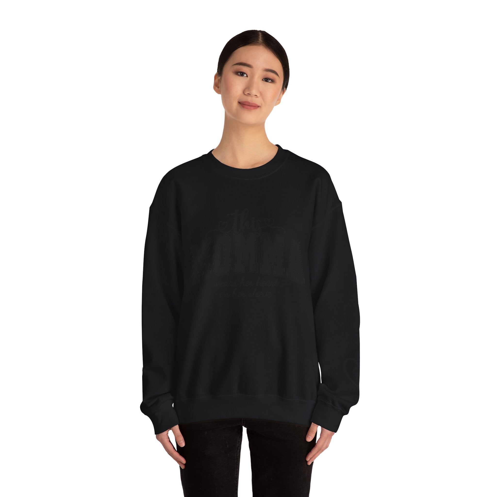 Customized Momma, Gigi, Grammy, Grandma, Mama, Mom, or Nana  Crewneck Sweatshirt – “This ….. Wears Her Heart on Her Sleeve” Cozy Pullover