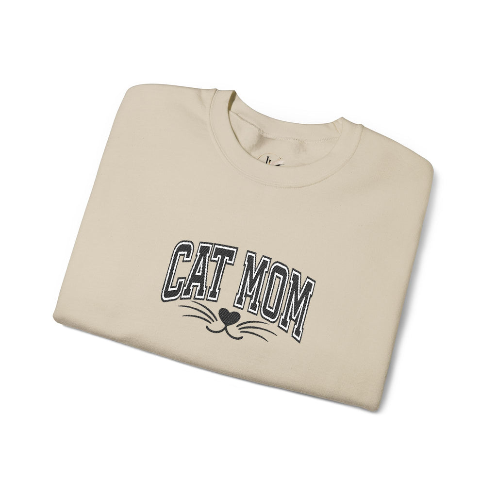Cat Mom Crewneck Sweatshirt — Vintage Script Cat Face Graphic