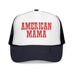American Mama Trucker Hat - Vintage Red Distressed Foam Mesh Cap for Patriotic Moms