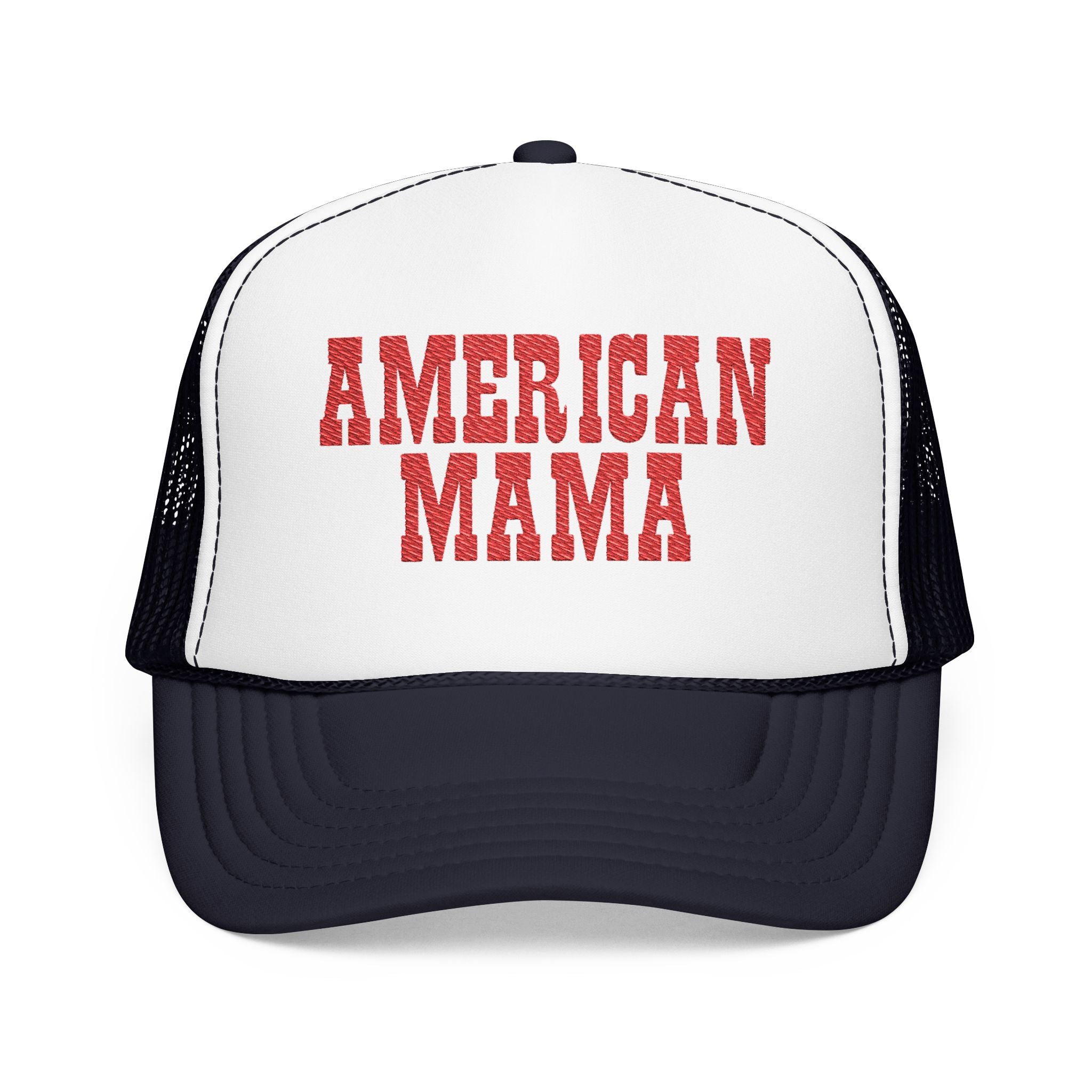 American Mama Trucker Hat - Vintage Red Distressed Foam Mesh Cap for Patriotic Moms