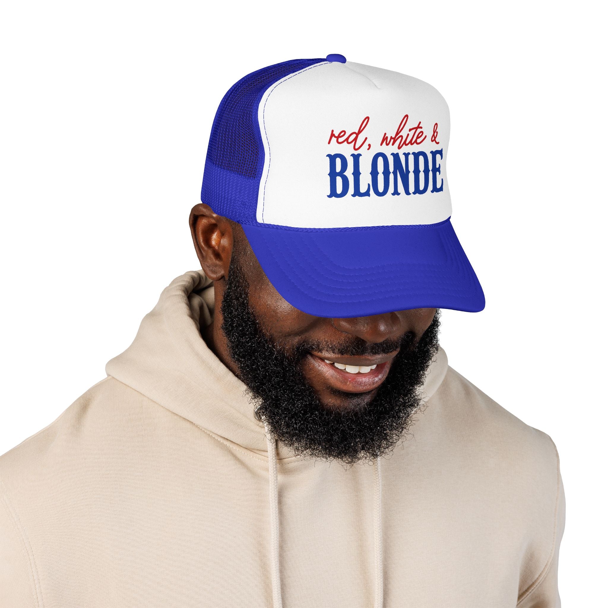 Red, White & Blonde Trucker Hat — Patriotic Blonde Foam Trucker Hat