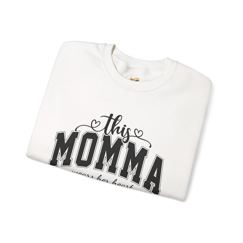 Customized Momma, Gigi, Grammy, Grandma, Mama, Mom, or Nana  Crewneck Sweatshirt – “This ….. Wears Her Heart on Her Sleeve” Cozy Pullover