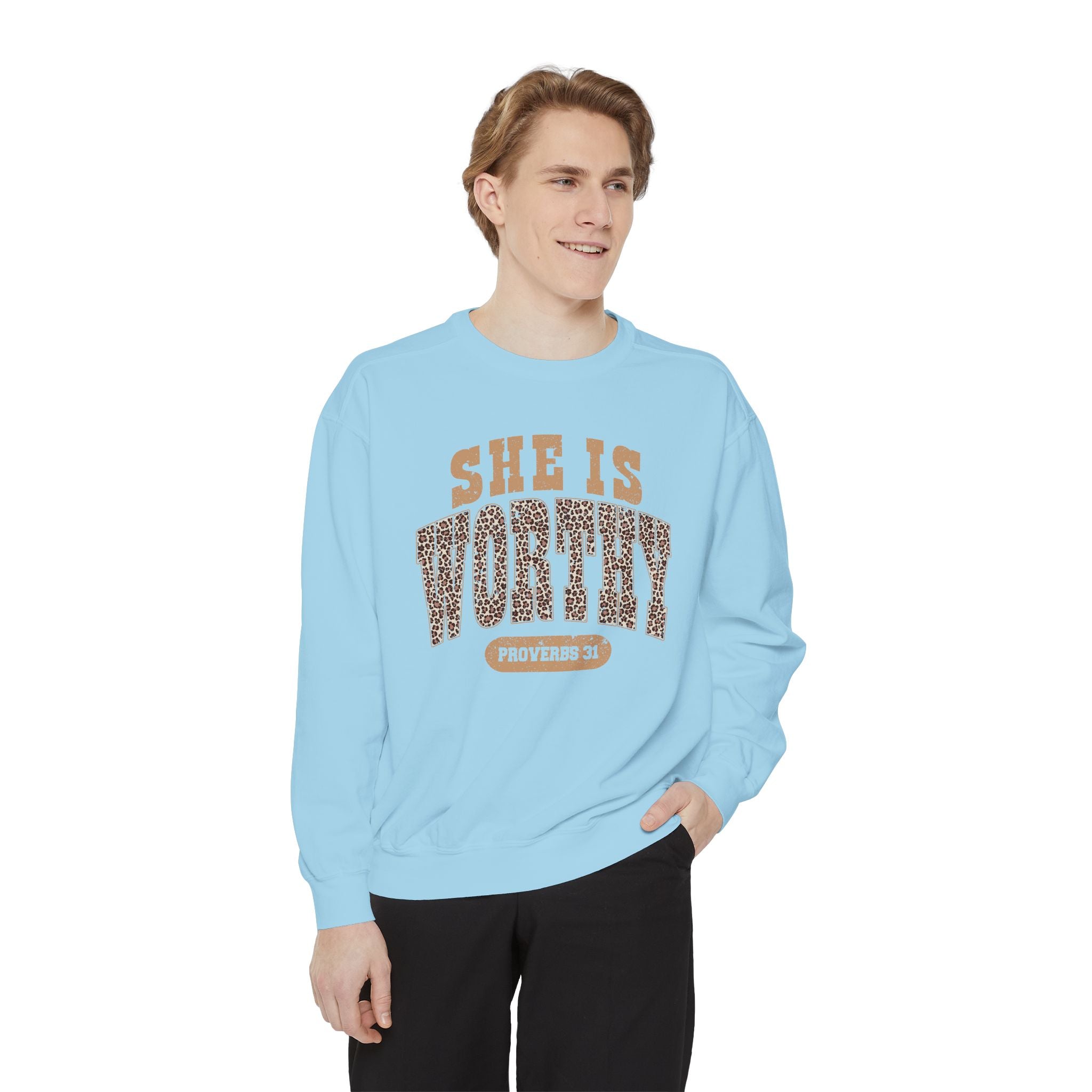 She Is Worthy Sweatshirt — Leopard Print Proverbs 31 Inspirational Pullover