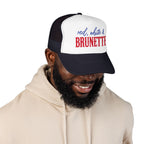 Red, White & Brunette Trucker Hat — Patriotic Foam Mesh Cap for Women