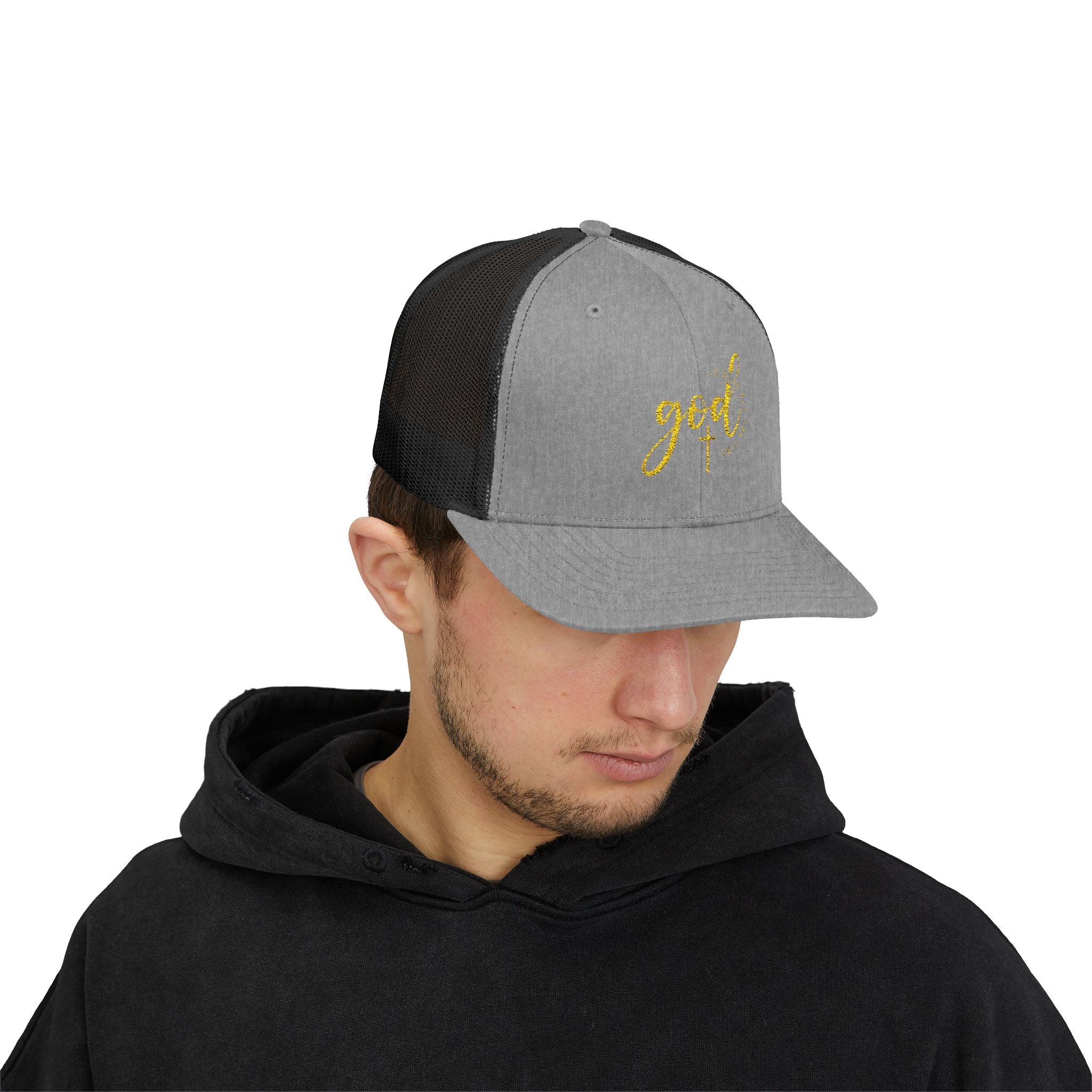 God Script Trucker Cap — Gold Sparkle Faith Snapback