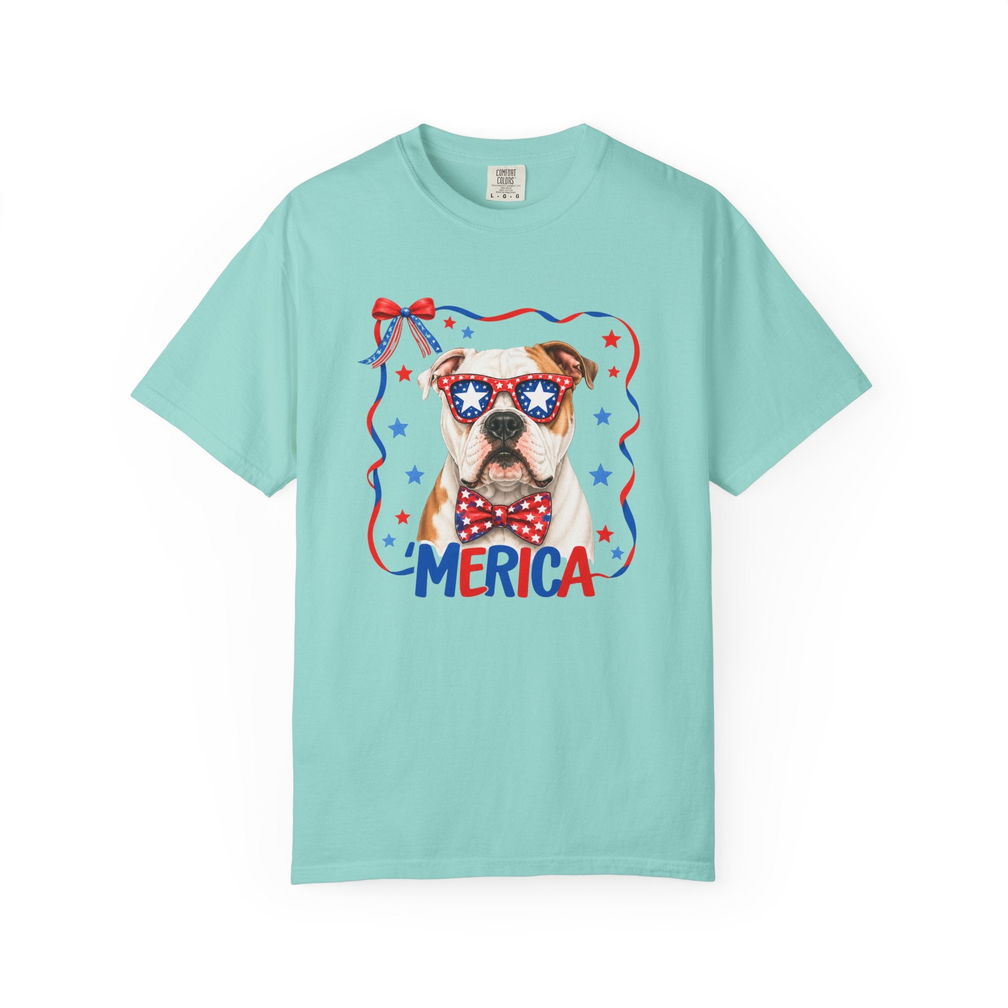 T-Shirt | 'Merica Patriotic Dog Graphic Tee – American Flag Sunglasses & Bow Tie