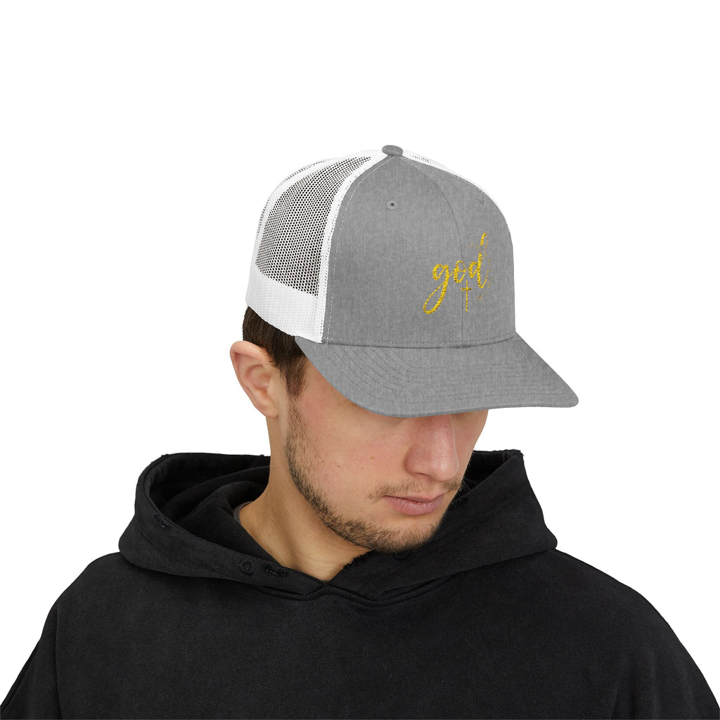 God Script Trucker Cap — Gold Sparkle Faith Snapback